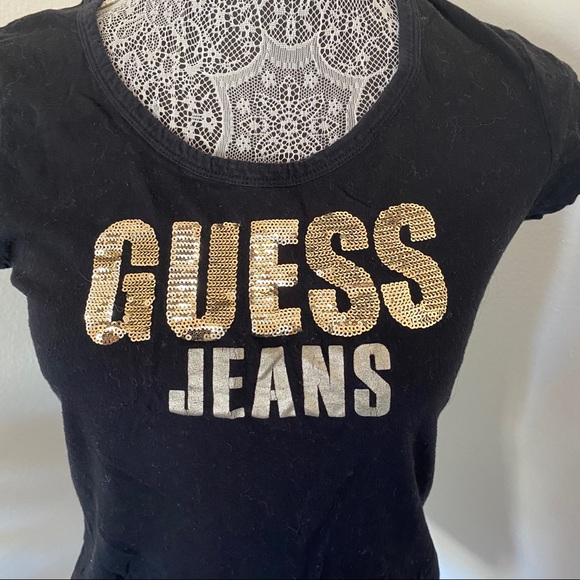 5/$25 Black Guess Jeans Sequin Logo Top - Picture 5 of 7